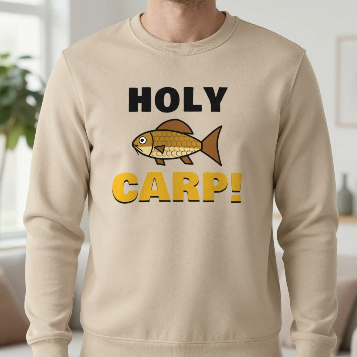 Holy Carp Funny Fishing T-Shirt & Sweatshirt in Sand (Sweatshirt), worn, our photo
