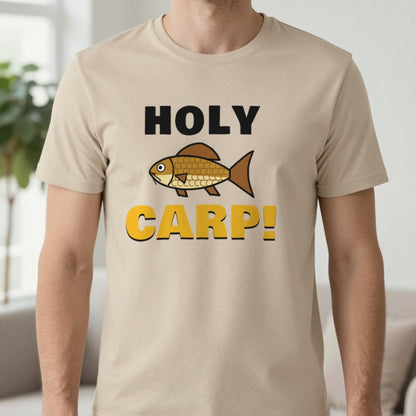 Holy Carp Funny Fishing T-Shirt & Sweatshirt in Sand (T-Shirt), worn, our photo