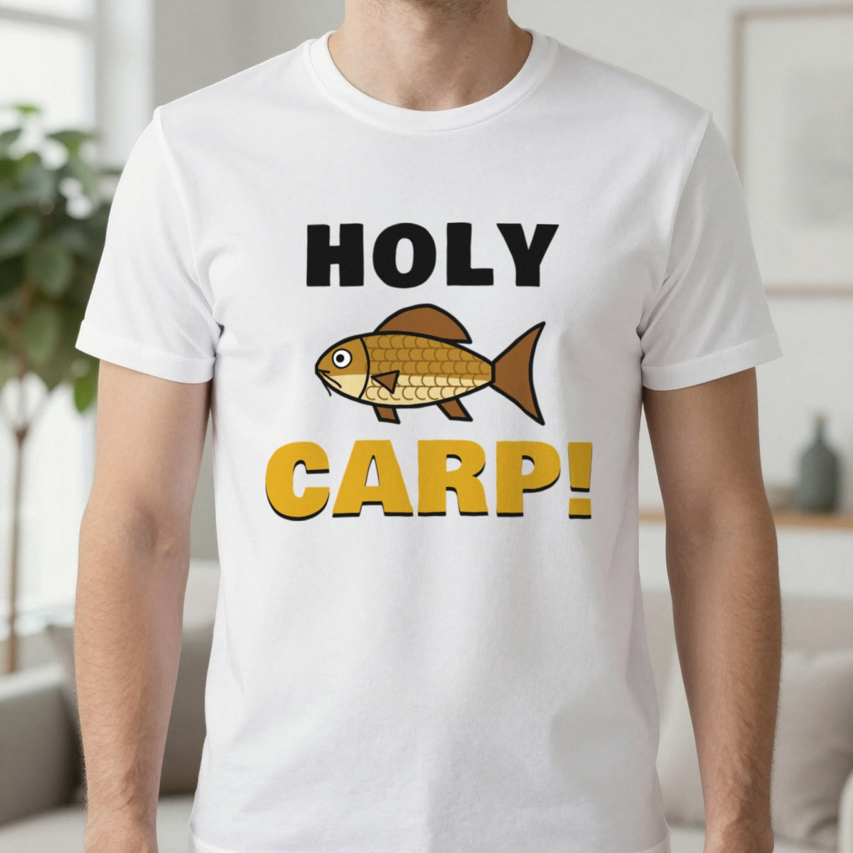 Holy Carp Funny Fishing T-Shirt & Sweatshirt in White (T-Shirt), worn, our photo