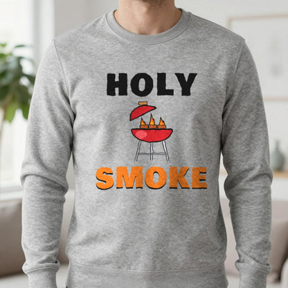 Holy Smoke Funny BBQ T-Shirt & Sweatshirt in Sport Grey (Sweatshirt), worn, our photo