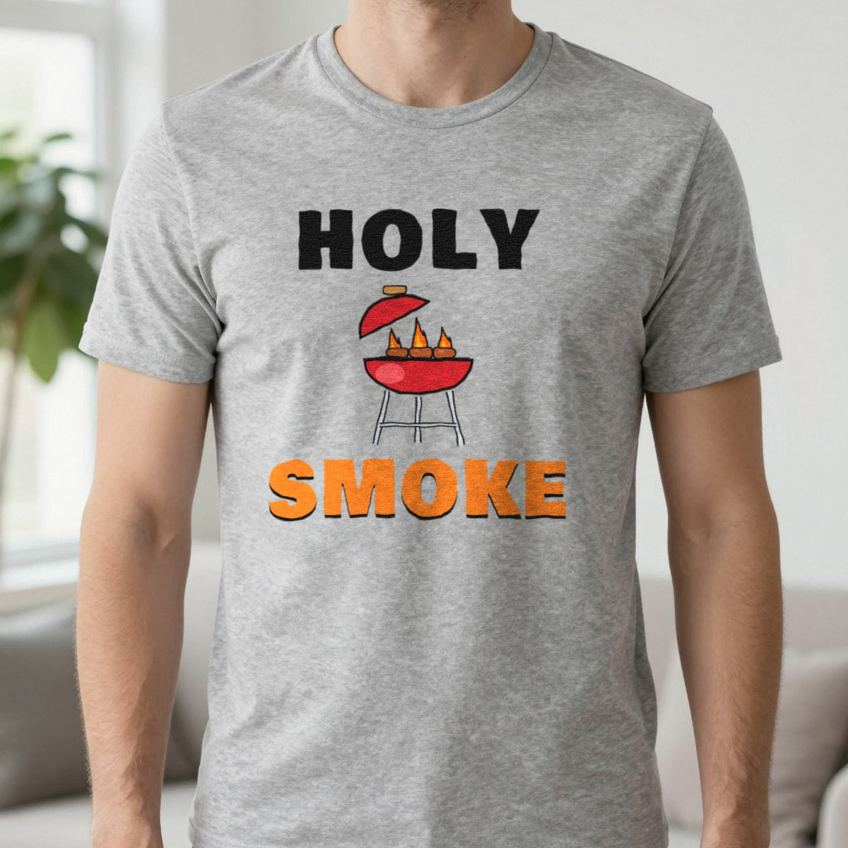 Holy Smoke Funny BBQ T-Shirt & Sweatshirt in Sport Grey (T-Shirt), worn, our photo
