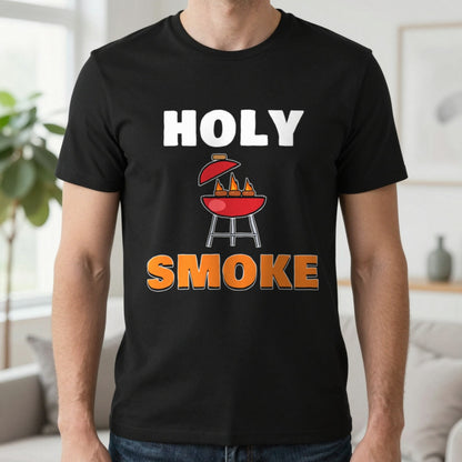 Holy Smoke Funny BBQ T-Shirt & Sweatshirt in Black (T-Shirt), worn, our photo