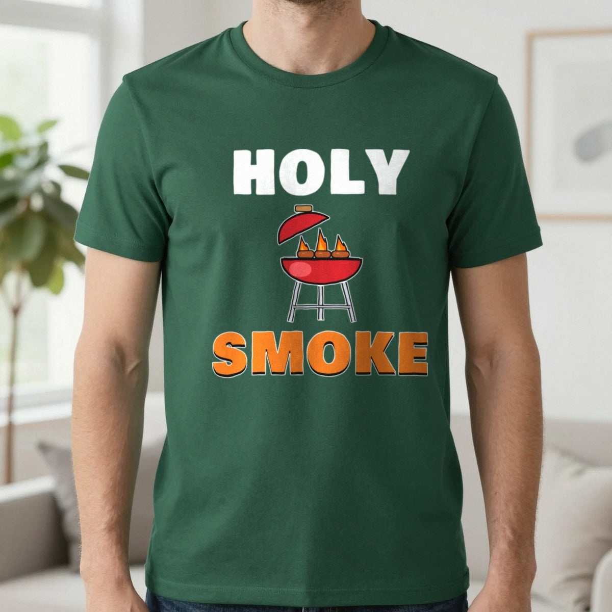 Holy Smoke Funny BBQ T-Shirt & Sweatshirt in Forest Green (T-Shirt), worn, our photo
