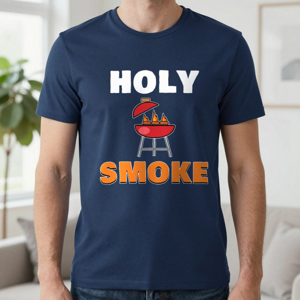 Holy Smoke Funny BBQ T-Shirt & Sweatshirt in Navy (T-Shirt), worn, our photo