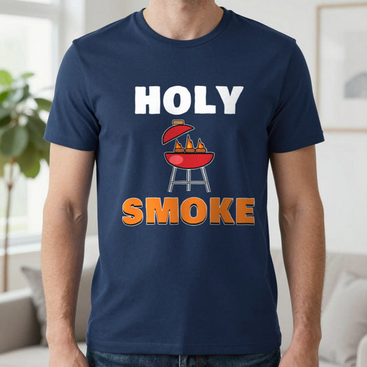 Holy Smoke Funny BBQ T-Shirt & Sweatshirt in Navy (T-Shirt), worn, our photo