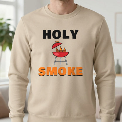 Holy Smoke Funny BBQ T-Shirt & Sweatshirt in Sand (Sweatshirt), worn, our photo