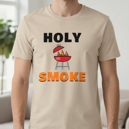 Holy Smoke Funny BBQ T-Shirt & Sweatshirt in Sand (T-Shirt), worn, our photo