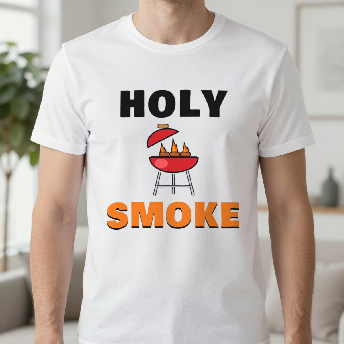 Holy Smoke Funny BBQ T-Shirt & Sweatshirt in White (T-Shirt), worn, our photo