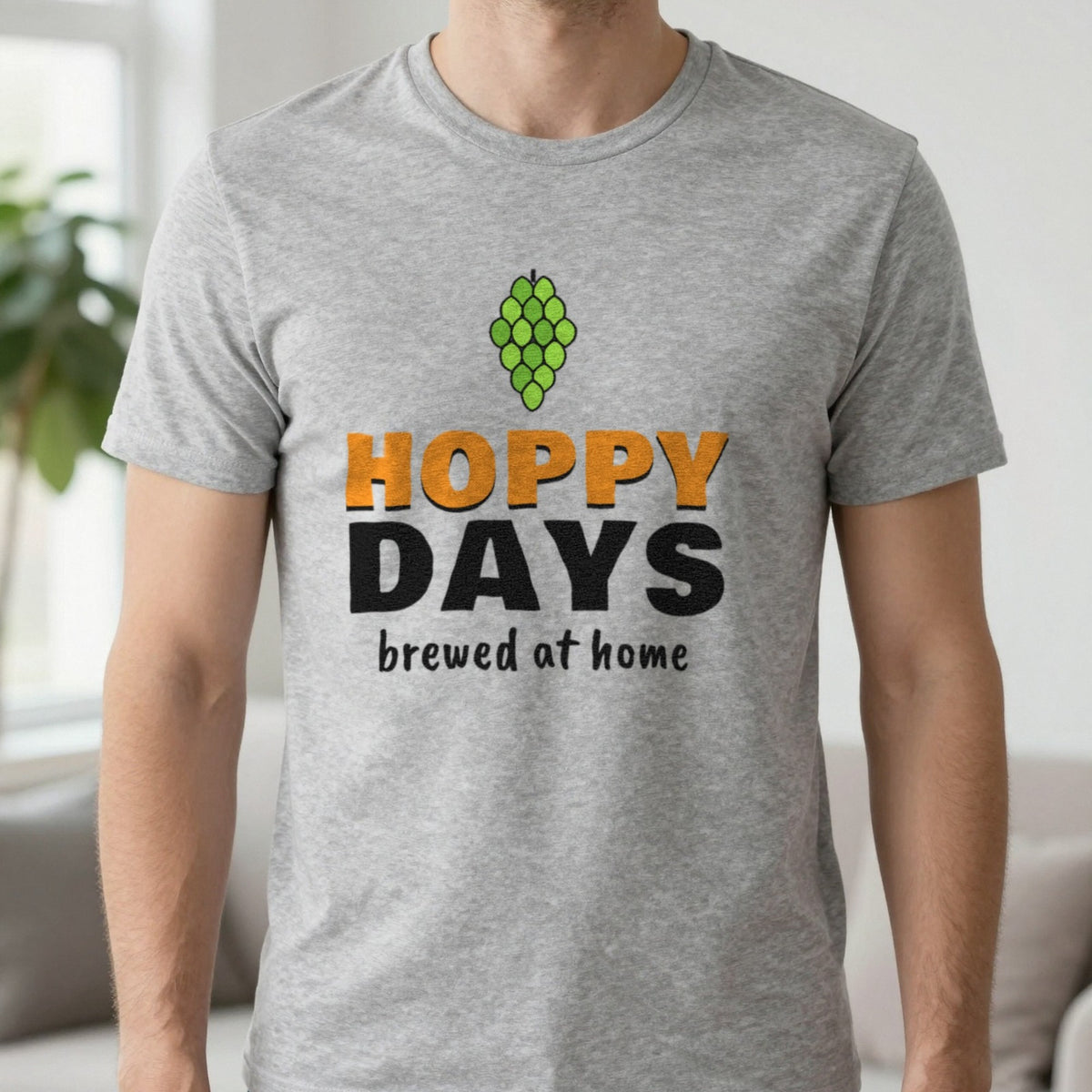 Hoppy Days Funny Beer T-Shirt & Sweatshirt in Sport Grey (T-Shirt), worn, our photo