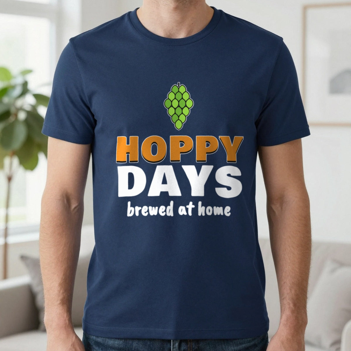 Hoppy Days Funny Beer T-Shirt & Sweatshirt in Navy (T-Shirt), worn, our photo