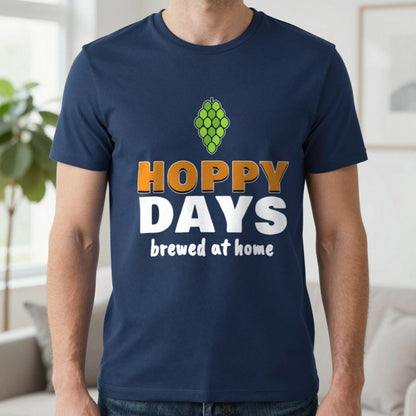 Hoppy Days Funny Beer T-Shirt & Sweatshirt in Navy (T-Shirt), worn, our photo
