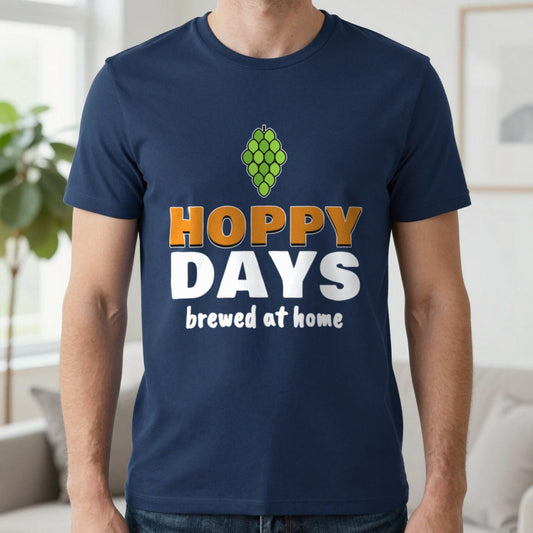 Hoppy Days Funny Beer T-Shirt & Sweatshirt in Navy (T-Shirt), worn, our photo