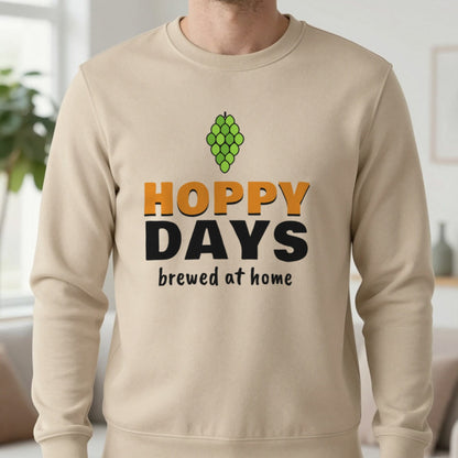 Hoppy Days Funny Beer T-Shirt & Sweatshirt in Sand (Sweatshirt), worn, our photo