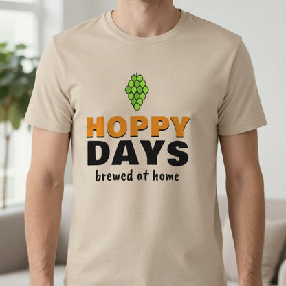 Hoppy Days Funny Beer T-Shirt & Sweatshirt in Sand (T-Shirt), worn, our photo