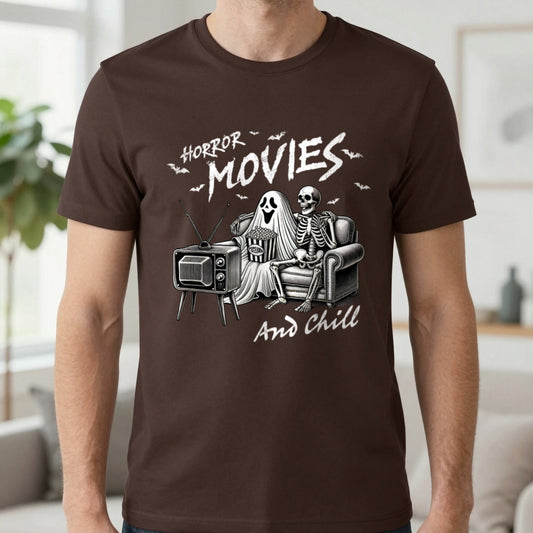 Horror Movies and Chill Halloween T-Shirt in Dark Chocolate, worn, our photo