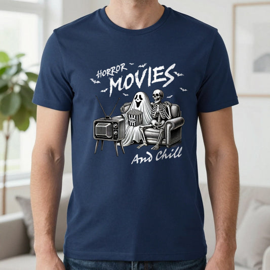 Horror Movies and Chill Halloween T-Shirt in Navy, worn, our photo