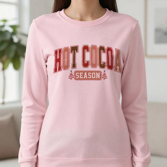 Hot Cocoa Season Sweatshirt in Light Pink, worn, our photo