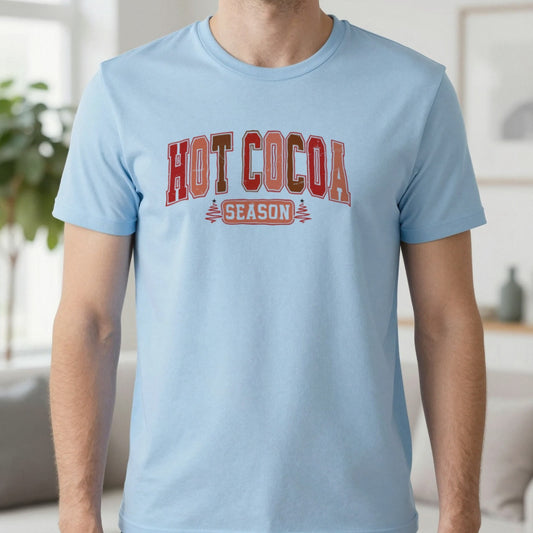 Hot Cocoa Season T-Shirt in Light Blue, worn, our photo