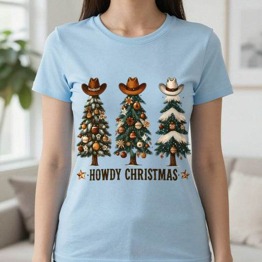 Howdy Christmas Cowboy T-Shirt in Light Blue, worn, our photo