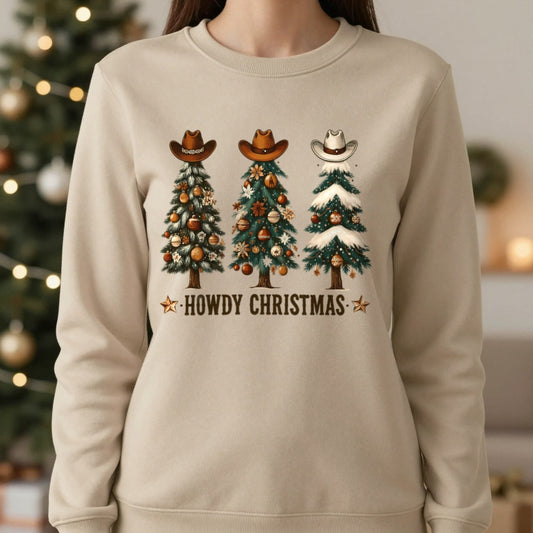 Howdy Christmas Cowboy Trees Sweatshirt in Sand, worn, our photo