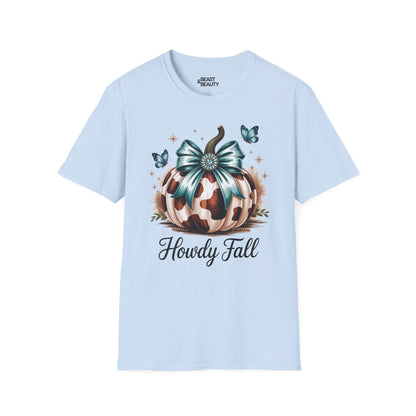 howdy fall leopard pumpkin t-shirt light blue t-shirt cowgirl gift idea