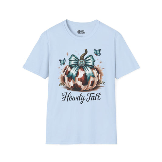 howdy fall leopard pumpkin t-shirt light blue t-shirt cowgirl gift idea