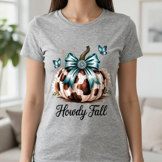Howdy Fall Leopard Pumpkin T-Shirt worn, lifestyle photo