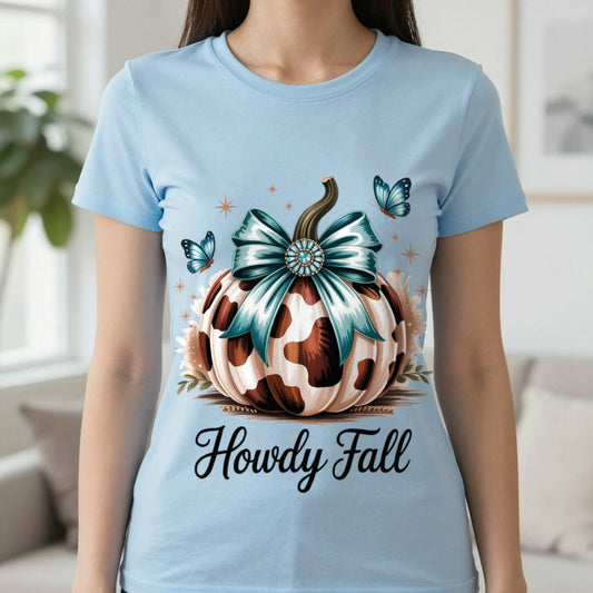 Howdy Fall Leopard Pumpkin T-Shirt in Light Blue, worn, our photo