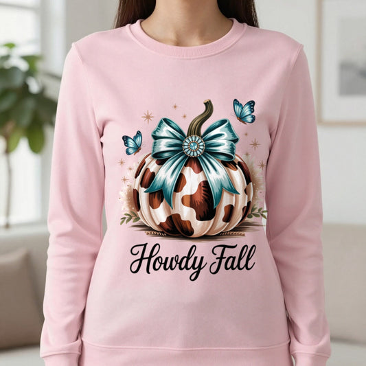 Howdy Fall Western Pumpkin Sweatshirt in Light Pink, worn, our photo