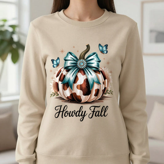 Howdy Fall Western Pumpkin Sweatshirt in Sand, worn, our photo