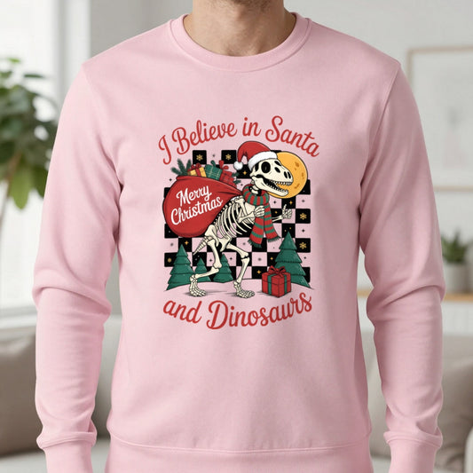 I Believe in Santa and Dinosaurs Christmas Sweatshirt in Light Pink, worn, our photo