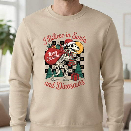 I Believe in Santa and Dinosaurs Christmas Sweatshirt in Sand, worn, our photo