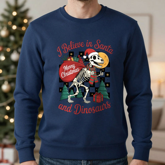 I Believe in Santa and Dinosaurs Christmas Sweatshirt worn, lifestyle photo