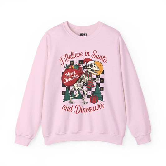 i believe in santa and dinosaurs christmas sweatshirt light pink sweatshirt Christmas gift idea