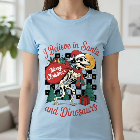 I Believe in Santa and Dinosaurs Christmas T-Shirt in Light Blue, worn, our photo