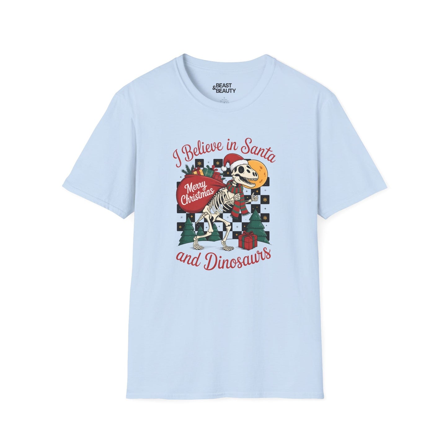 i believe in santa and dinosaurs christmas t-shirt light blue t-shirt Christmas gift idea