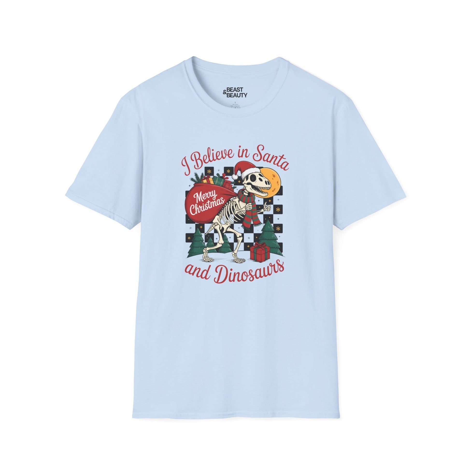 i believe in santa and dinosaurs christmas t-shirt light blue t-shirt Christmas gift idea