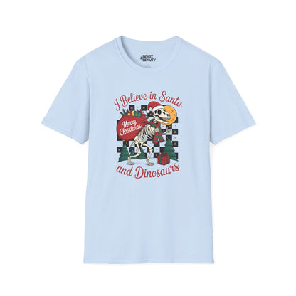 i believe in santa and dinosaurs christmas t-shirt light blue t-shirt Christmas gift idea