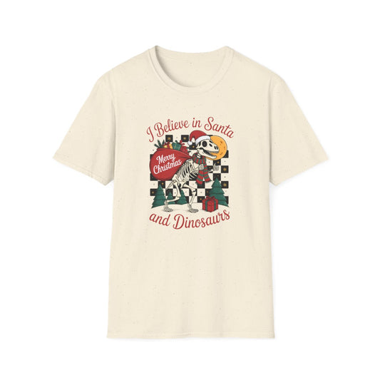I Believe in Santa and Dinosaurs Christmas T-Shirt - funny t-shirt by Cheeky Business