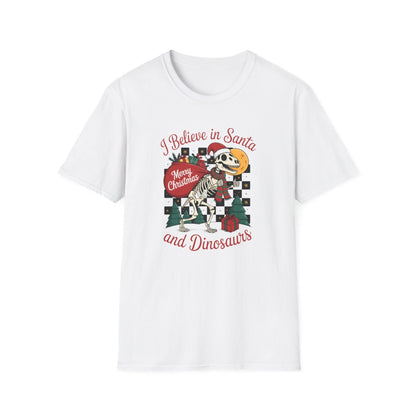 I Believe in Santa and Dinosaurs Christmas T-Shirt - funny t-shirt by Cheeky Business