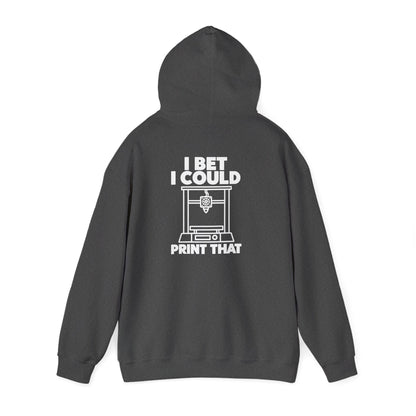 dark heather grey hoodie with I Bet I Could Print That funny 3D printing design