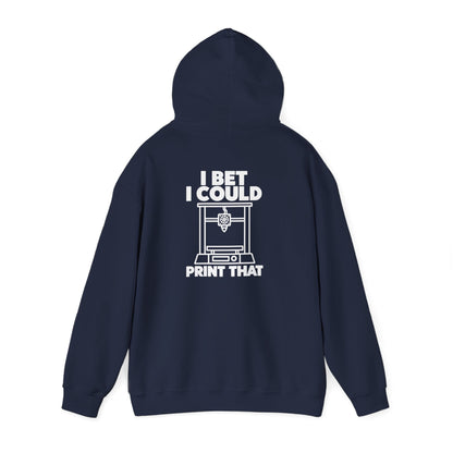 navy hoodie with I Bet I Could Print That funny 3D printing design