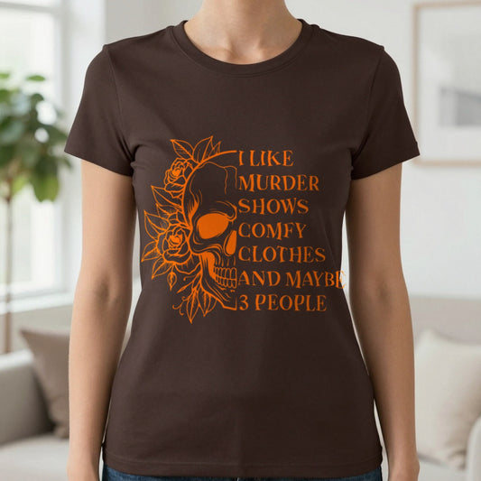 I Like Murder Shows Funny Halloween Skull Graphic T-Shirt in Dark Chocolate, worn, our photo