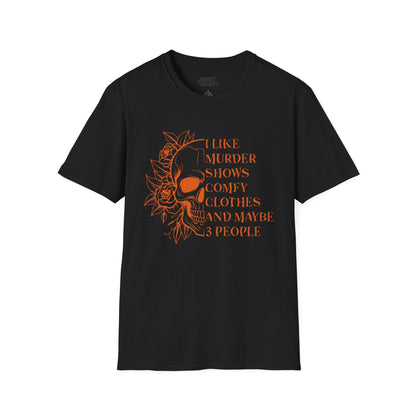 i like murder shows funny halloween skull graphic t-shirt t-shirt front product image