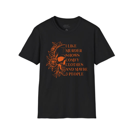 i like murder shows funny halloween skull graphic t-shirt t-shirt front product image
