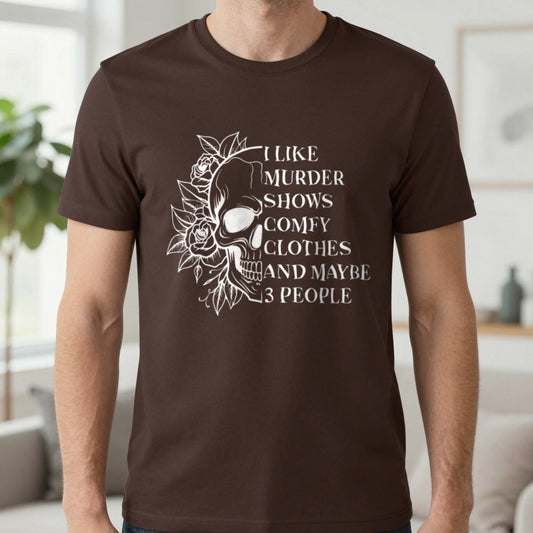 I Like Murder Shows Gothic Skull T-Shirt in Dark Chocolate, worn, our photo