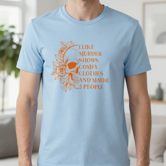 I Like Murder Shows Skull Graphic T-Shirt in Light Blue, worn, our photo