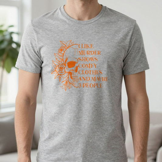 I Like Murder Shows Skull Graphic T-Shirt worn, lifestyle photo