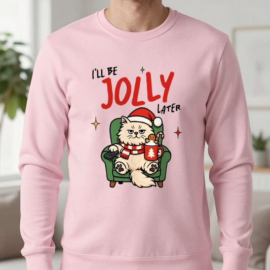 I'll Be Jolly Later Cat Christmas Sweatshirt in Light Pink, worn, our photo