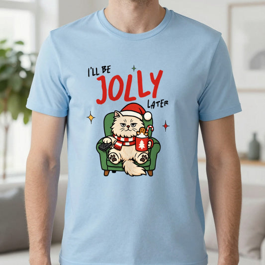 I’ll Be Jolly Later Cat Christmas T-Shirt in Light Blue, worn, our photo